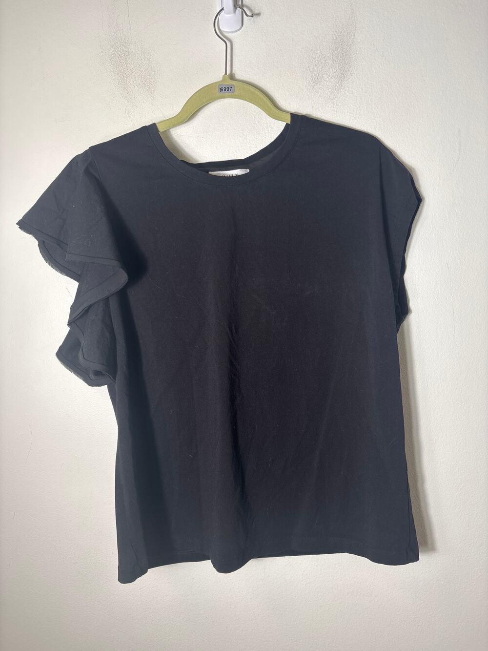 Milly Black Asymetrical Flutter Sleeve Tee Shirt Sz L